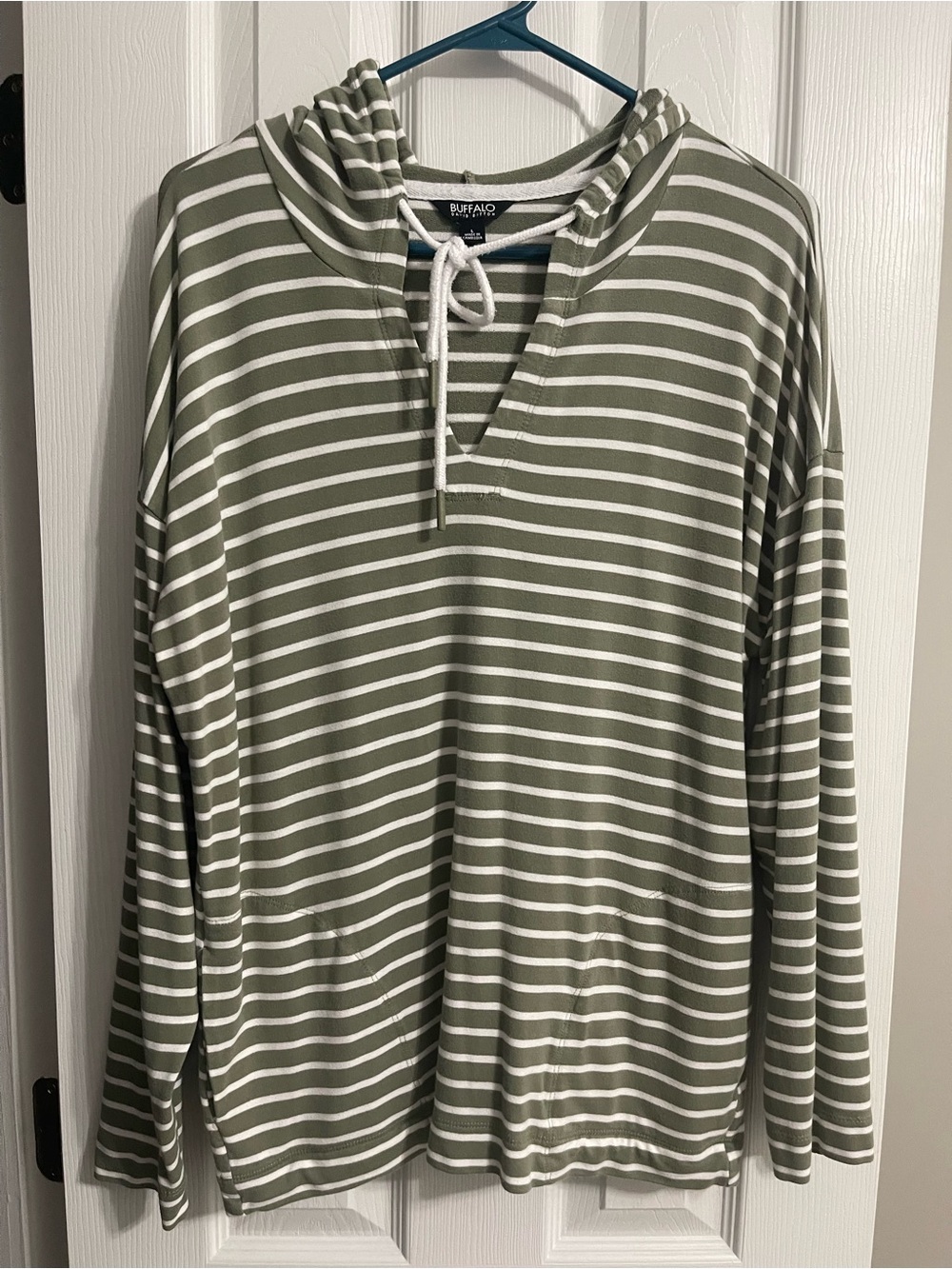 Women’s Buffalo David Bitton Green and White Striped Shirt with Drawsting Hood